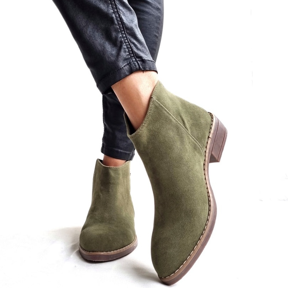 Skechers Olive Green Genuine Suede Leather Ankle Boots With Almond Toe